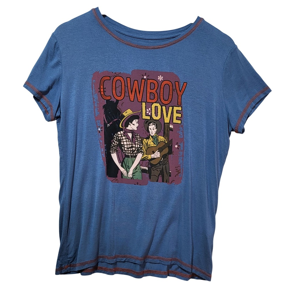 American Bling Womens XL Blue Cowboy Love Graphic Tee Contrast Stitching Rayon